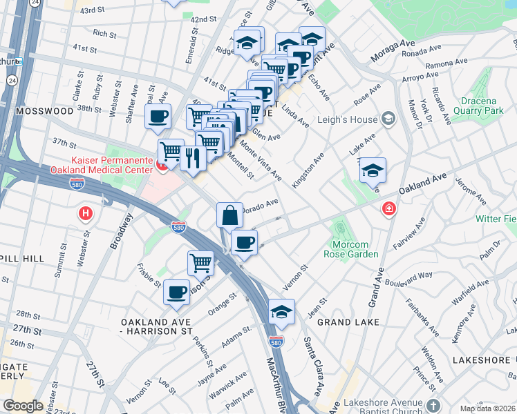 map of restaurants, bars, coffee shops, grocery stores, and more near El Dorado Avenue in Oakland