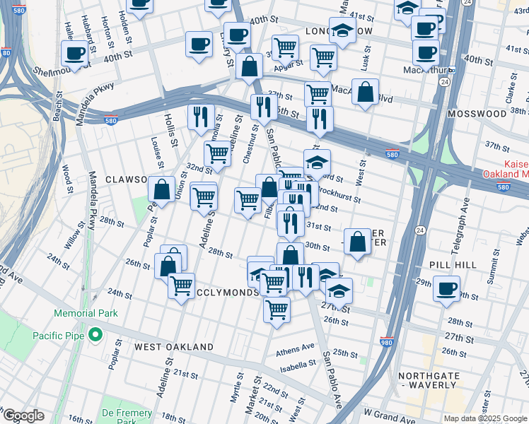 map of restaurants, bars, coffee shops, grocery stores, and more near 3027 Filbert Street in Oakland