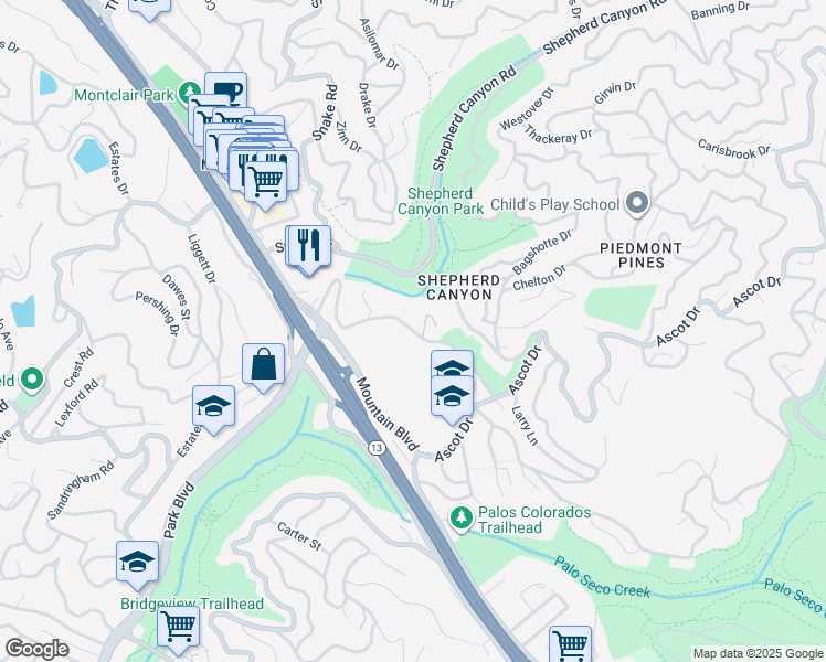 map of restaurants, bars, coffee shops, grocery stores, and more near Scout Road in Oakland