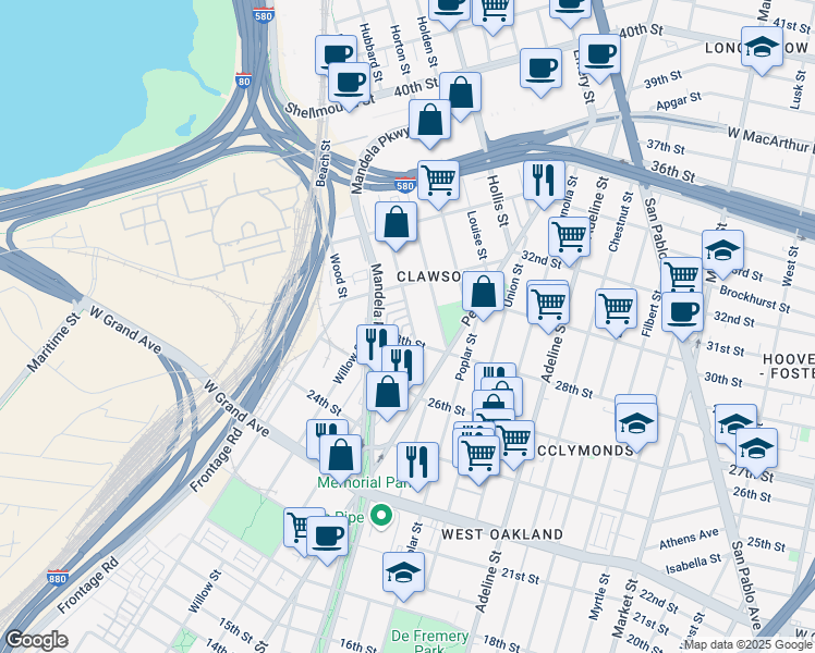map of restaurants, bars, coffee shops, grocery stores, and more near 18 Ealing Lane in Oakland