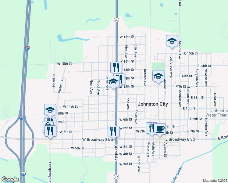 map of restaurants, bars, coffee shops, grocery stores, and more near 1108 Grand Avenue in Johnston City
