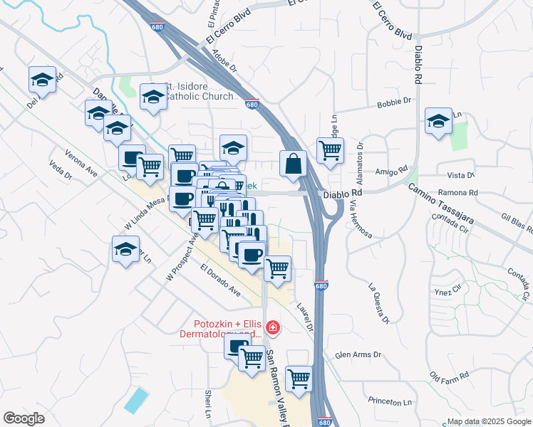 map of restaurants, bars, coffee shops, grocery stores, and more near in Danville