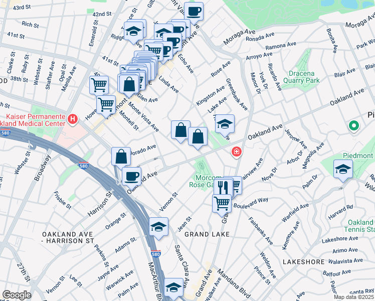 map of restaurants, bars, coffee shops, grocery stores, and more near 7 Olive Avenue in Piedmont