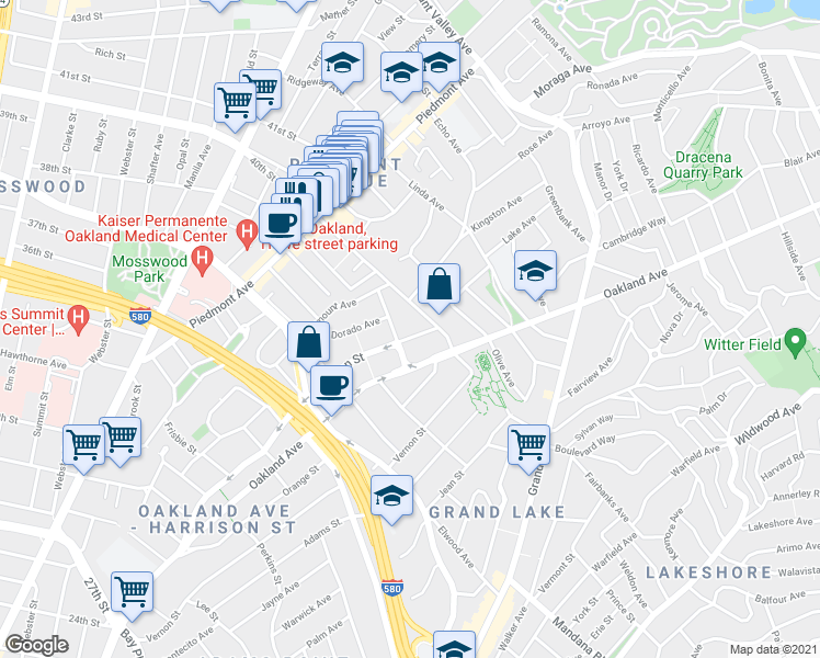 map of restaurants, bars, coffee shops, grocery stores, and more near 323 Monte Vista Avenue in Oakland
