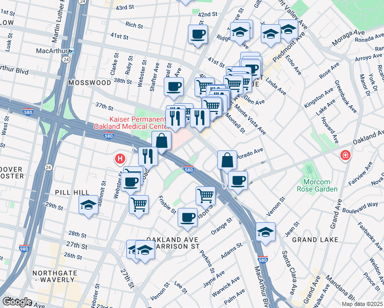 map of restaurants, bars, coffee shops, grocery stores, and more near 3506 Piedmont Avenue in Oakland