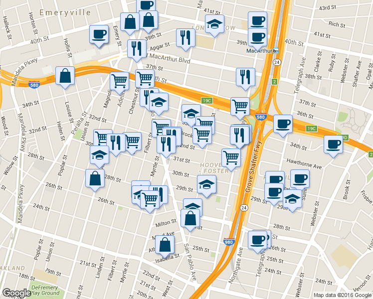 map of restaurants, bars, coffee shops, grocery stores, and more near in Oakland