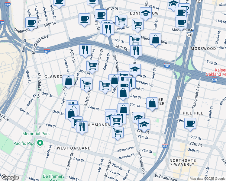 map of restaurants, bars, coffee shops, grocery stores, and more near 3131 Filbert Street in Oakland