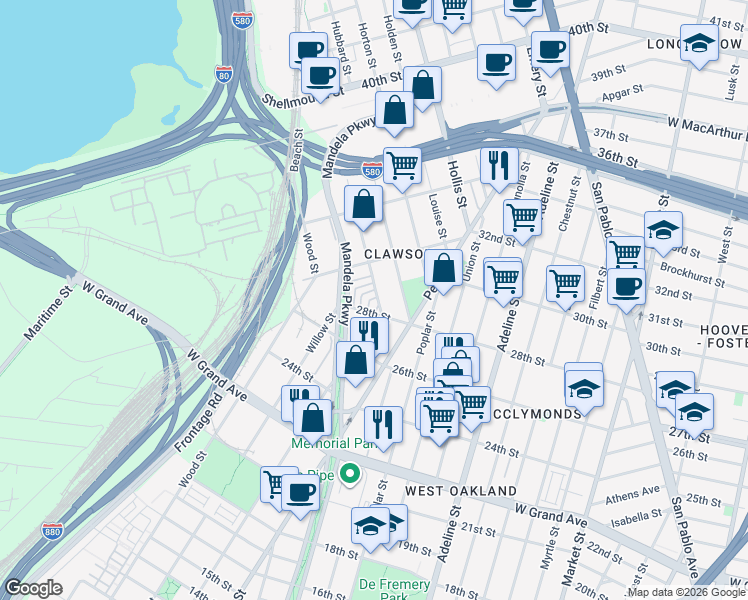 map of restaurants, bars, coffee shops, grocery stores, and more near 27 Moss Lane in Oakland