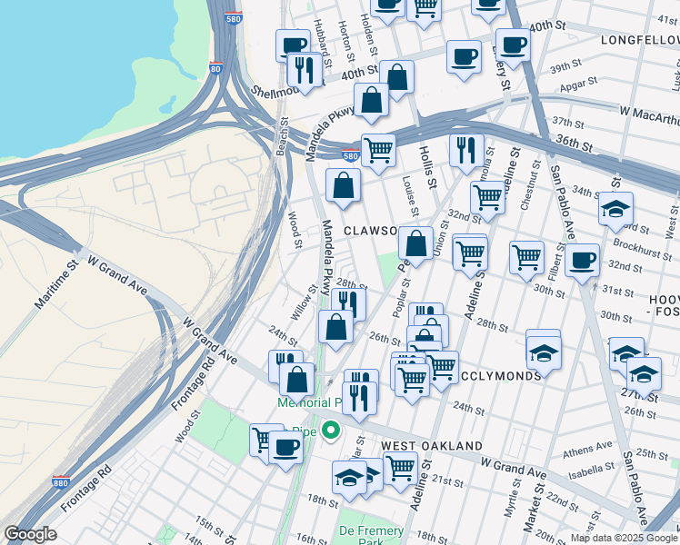 map of restaurants, bars, coffee shops, grocery stores, and more near 2863 Mandela Parkway in Oakland