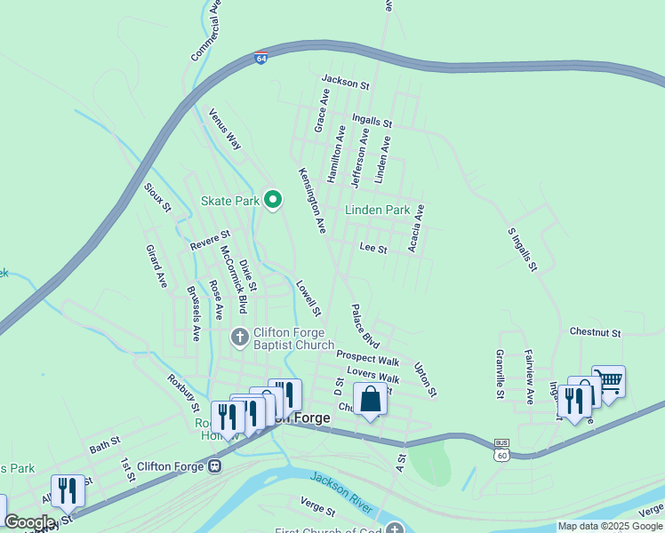 map of restaurants, bars, coffee shops, grocery stores, and more near 801 Kensington Avenue in Clifton Forge