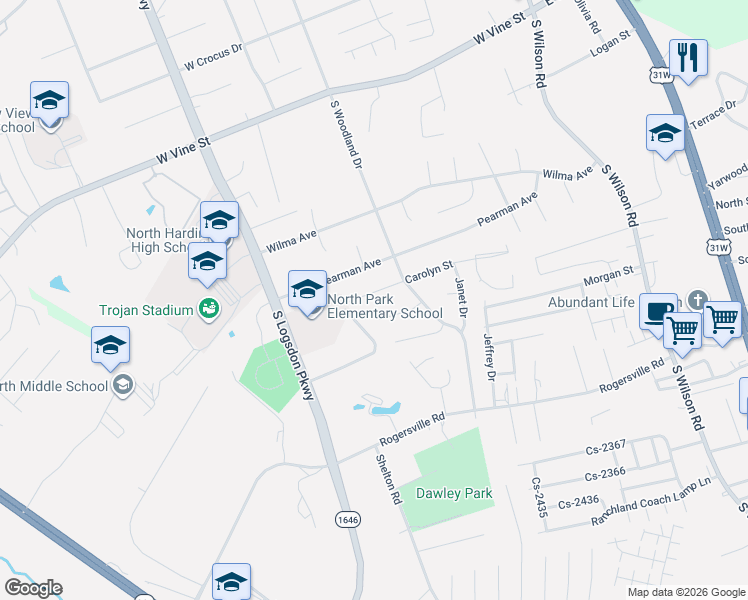 map of restaurants, bars, coffee shops, grocery stores, and more near 731 Carolyn Street in Radcliff