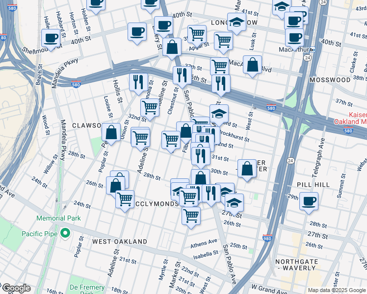 map of restaurants, bars, coffee shops, grocery stores, and more near 3131 Filbert Street in Oakland