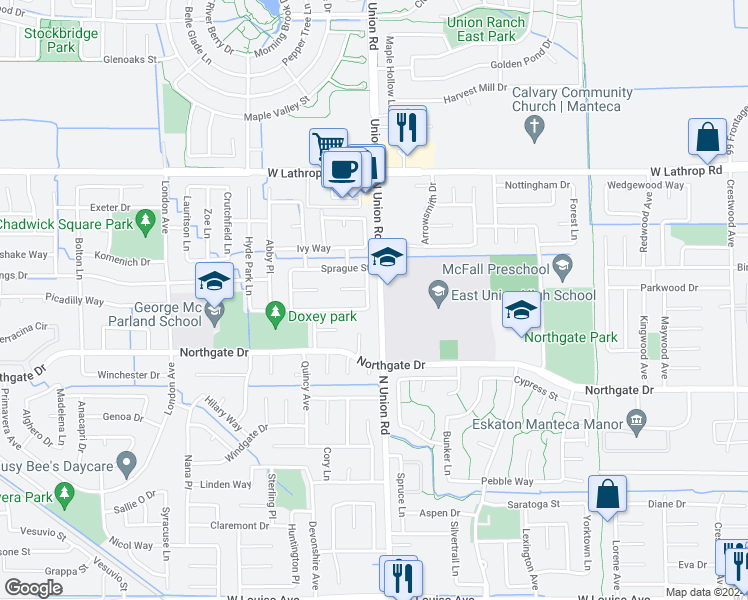 map of restaurants, bars, coffee shops, grocery stores, and more near 1722 Ekins Lane in Manteca
