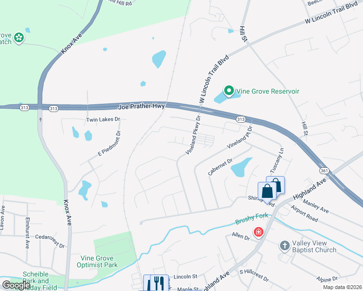 map of restaurants, bars, coffee shops, grocery stores, and more near 103 Sparkling Court in Vine Grove