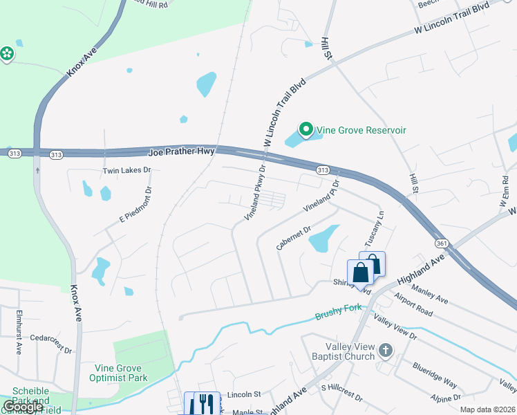 map of restaurants, bars, coffee shops, grocery stores, and more near 174 Vineland Parkway Drive in Vine Grove