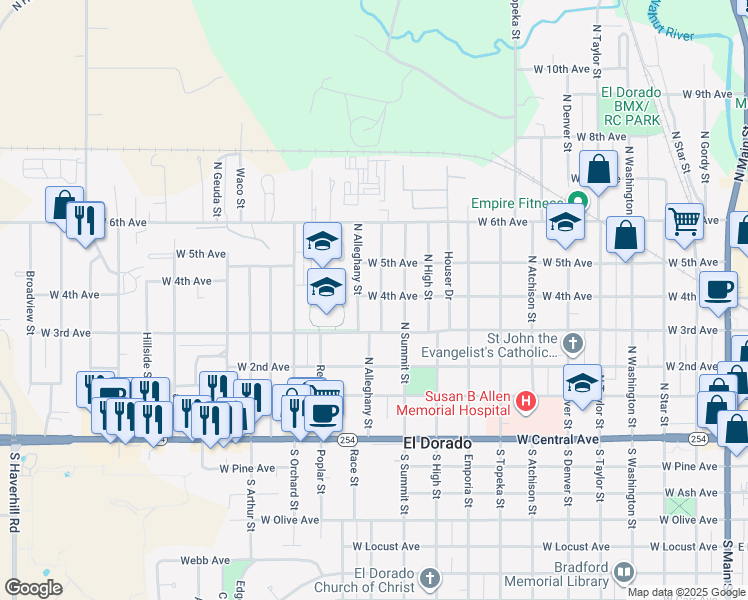 map of restaurants, bars, coffee shops, grocery stores, and more near 504 North Alleghany Street in El Dorado
