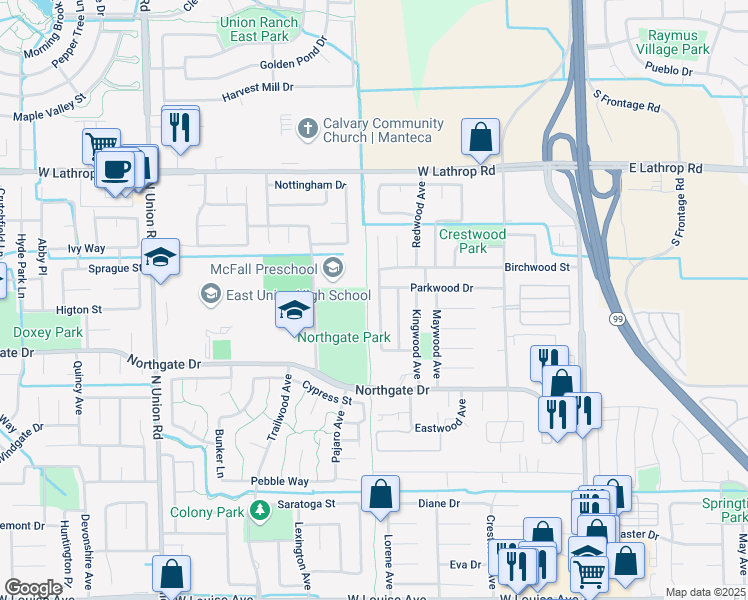 map of restaurants, bars, coffee shops, grocery stores, and more near 1793 Olivewood Avenue in Manteca
