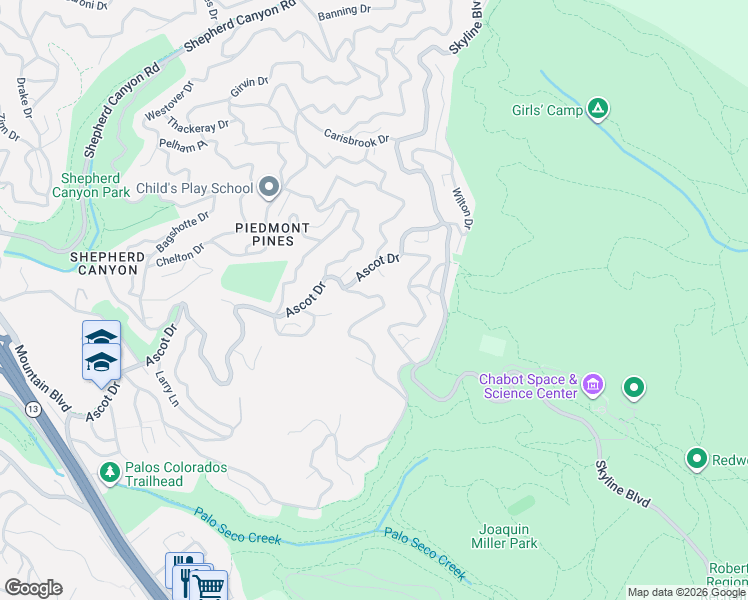map of restaurants, bars, coffee shops, grocery stores, and more near 2922 Holyrood Drive in Oakland