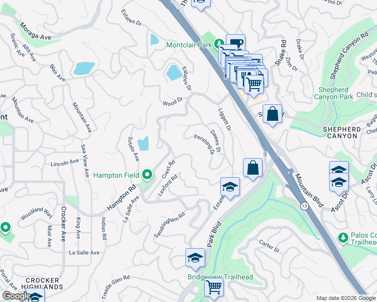 map of restaurants, bars, coffee shops, grocery stores, and more near 175 Pershing Drive in Oakland