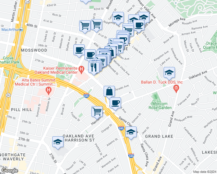 map of restaurants, bars, coffee shops, grocery stores, and more near 63 Yosemite Avenue in Oakland