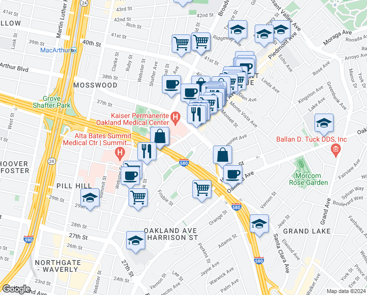 map of restaurants, bars, coffee shops, grocery stores, and more near 3506 Piedmont Avenue in Oakland