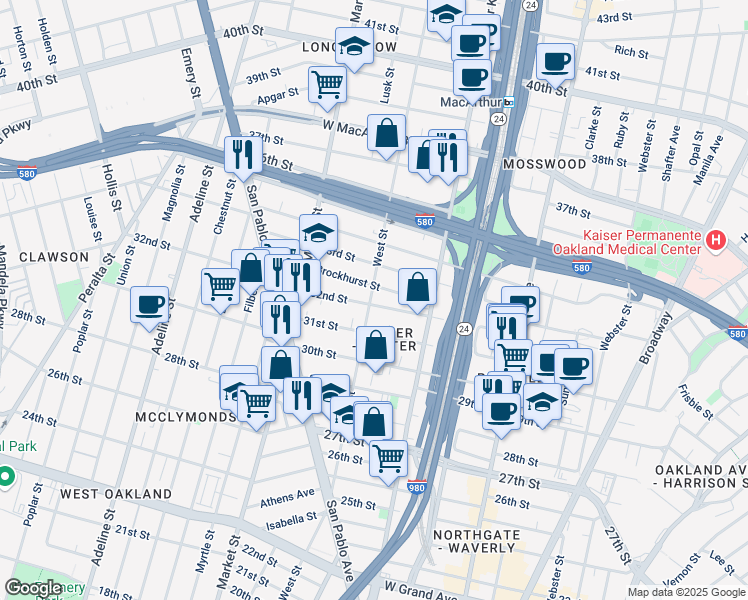 map of restaurants, bars, coffee shops, grocery stores, and more near 726 Brockhurst Street in Oakland