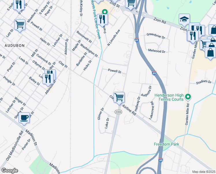 map of restaurants, bars, coffee shops, grocery stores, and more near 261 Blue Ridge Drive in Henderson