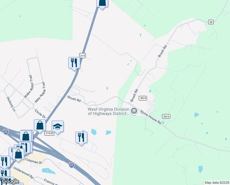 map of restaurants, bars, coffee shops, grocery stores, and more near 457 Brush Road in Lewisburg