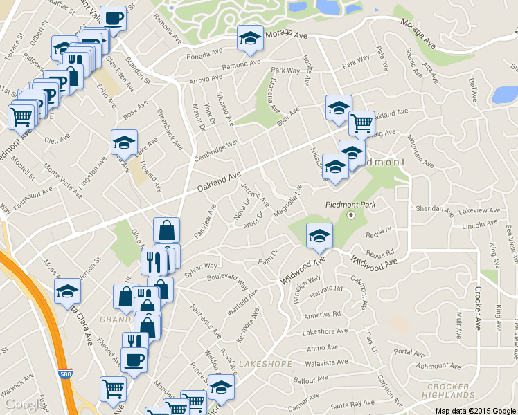 map of restaurants, bars, coffee shops, grocery stores, and more near 153 Arbor Drive in Piedmont