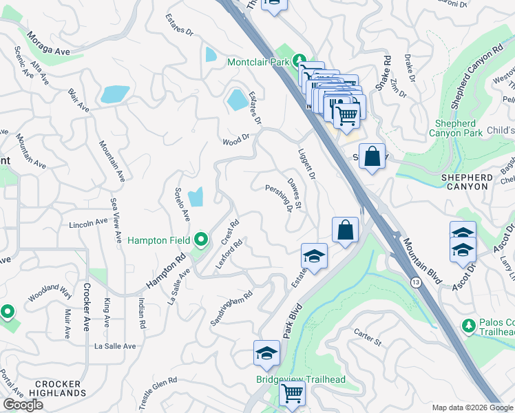 map of restaurants, bars, coffee shops, grocery stores, and more near 175 Pershing Drive in Oakland