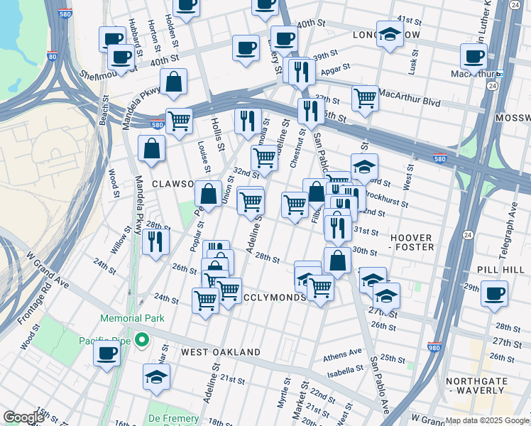 map of restaurants, bars, coffee shops, grocery stores, and more near 3010 Adeline Street in Oakland