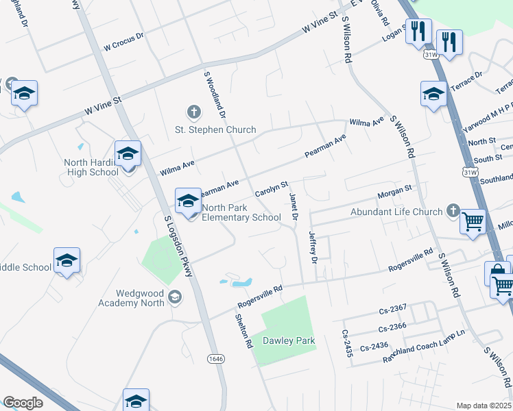 map of restaurants, bars, coffee shops, grocery stores, and more near 1027 South Woodland Drive in Radcliff