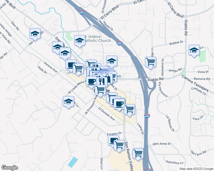 map of restaurants, bars, coffee shops, grocery stores, and more near 154-160 East Prospect Avenue in Danville