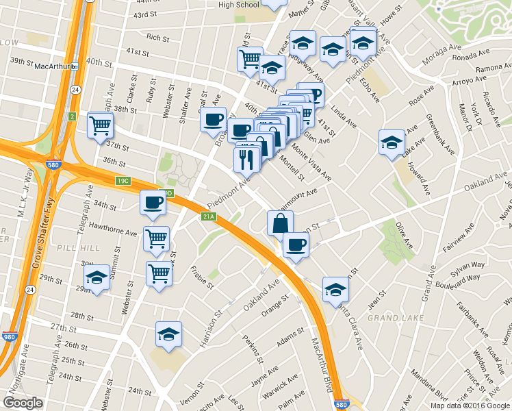map of restaurants, bars, coffee shops, grocery stores, and more near in Oakland
