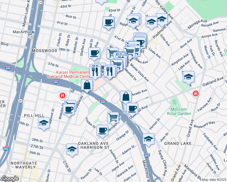 map of restaurants, bars, coffee shops, grocery stores, and more near in Oakland