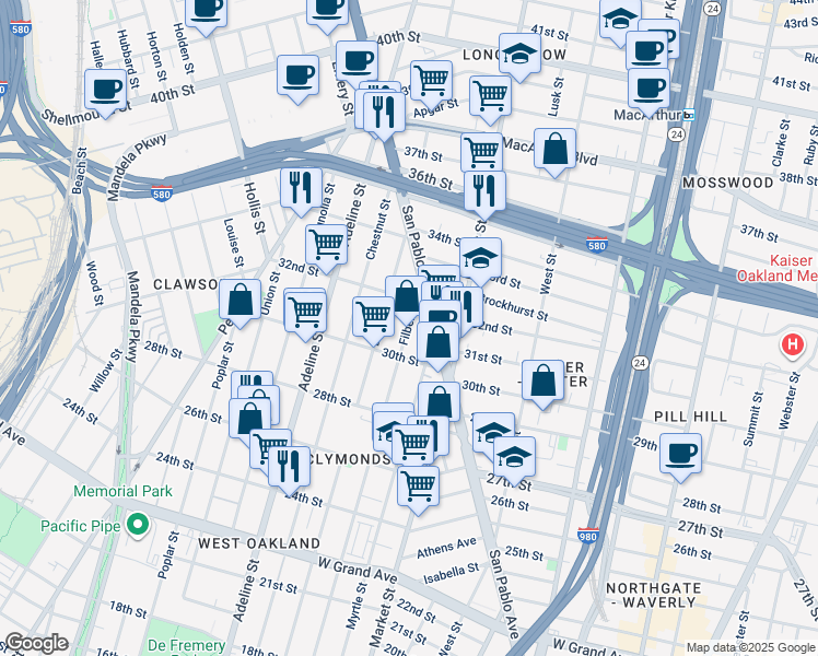 map of restaurants, bars, coffee shops, grocery stores, and more near 3131 Filbert Street in Oakland