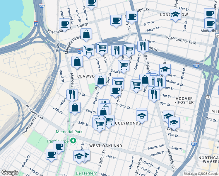 map of restaurants, bars, coffee shops, grocery stores, and more near 1212 30th Street in Oakland