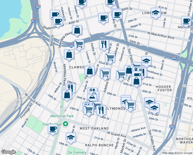 map of restaurants, bars, coffee shops, grocery stores, and more near 1212 30th Street in Oakland