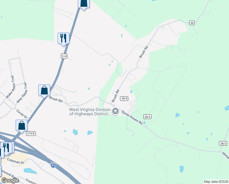 map of restaurants, bars, coffee shops, grocery stores, and more near 737 Brush Road in Lewisburg