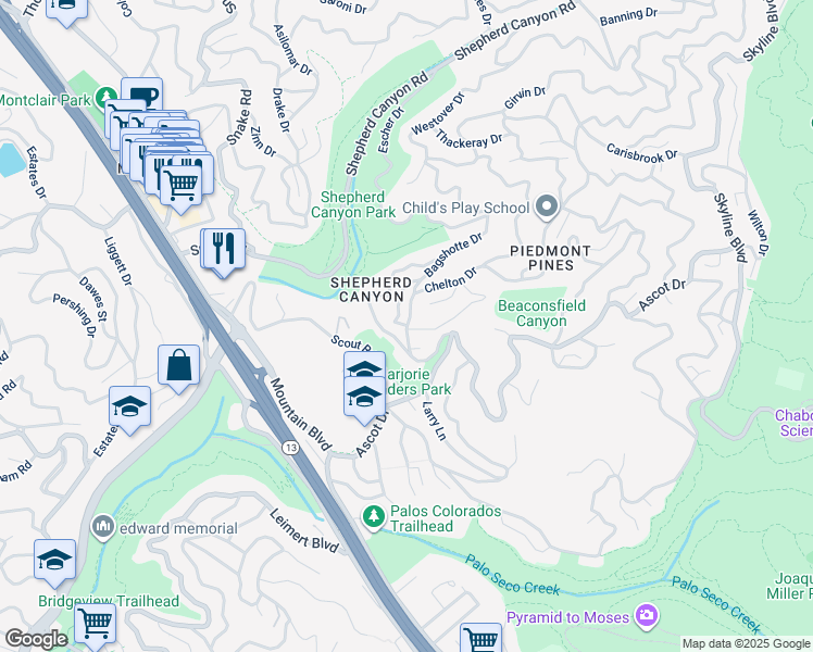 map of restaurants, bars, coffee shops, grocery stores, and more near 2 Chelton Lane in Oakland