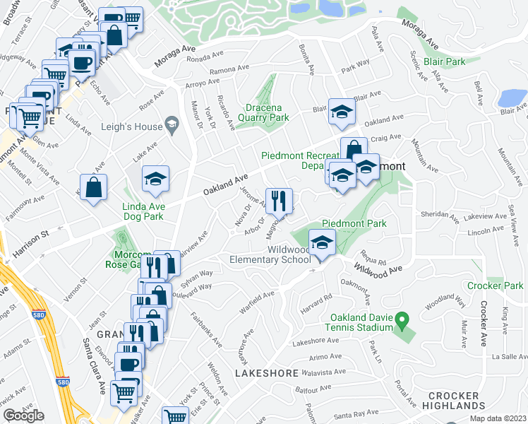 map of restaurants, bars, coffee shops, grocery stores, and more near 155 Arbor Drive in Piedmont