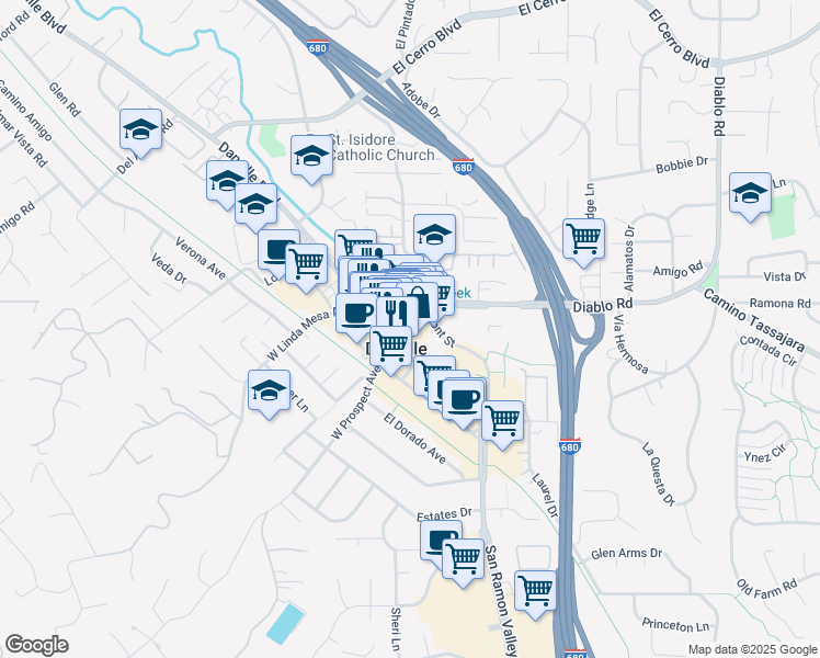 map of restaurants, bars, coffee shops, grocery stores, and more near 154-160 East Prospect Avenue in Danville