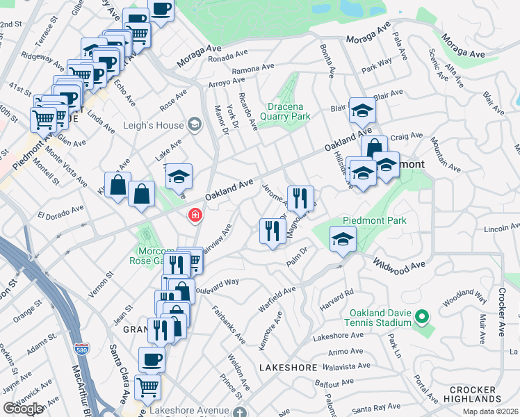 map of restaurants, bars, coffee shops, grocery stores, and more near 166 Nova Drive in Piedmont