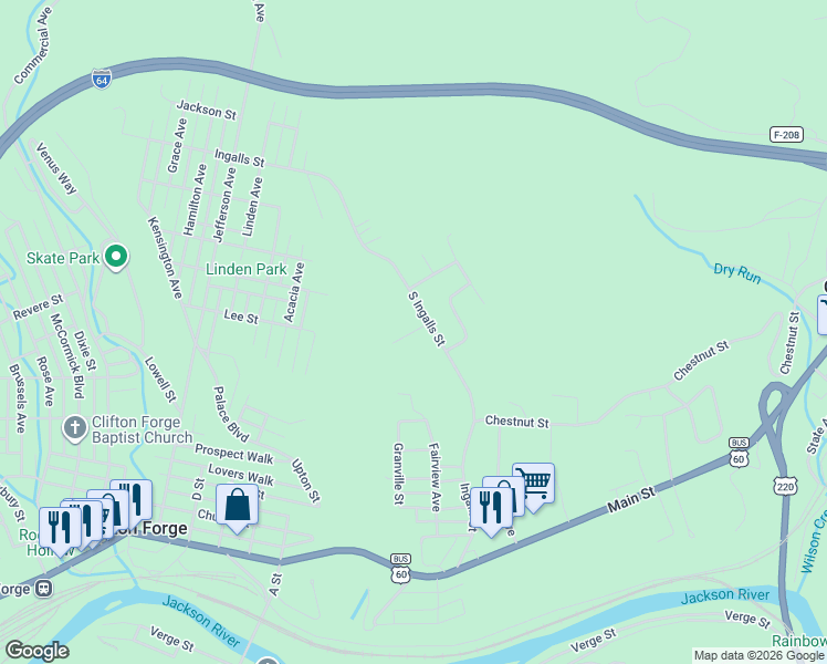 map of restaurants, bars, coffee shops, grocery stores, and more near 935-1023 South Ingalls Street in Clifton Forge