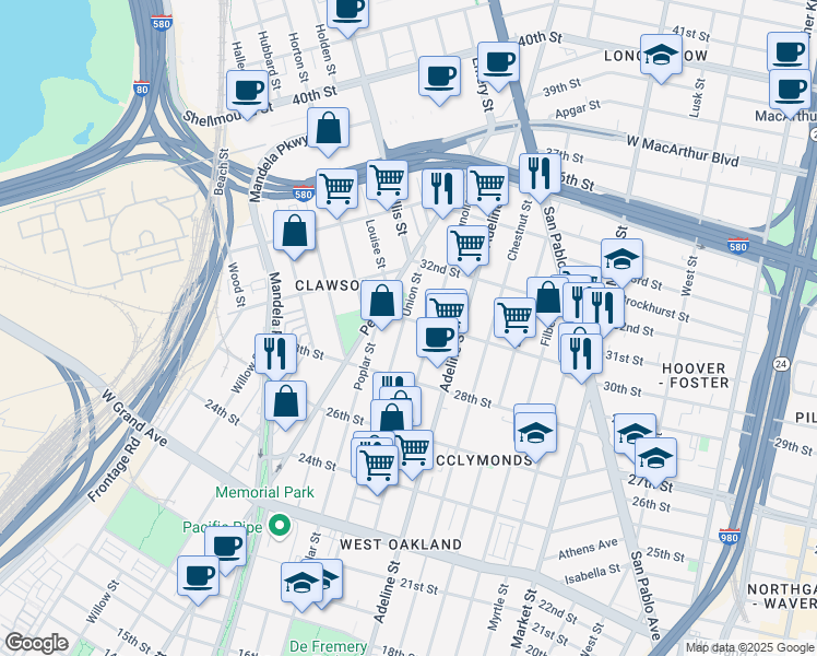 map of restaurants, bars, coffee shops, grocery stores, and more near 1235 30th Street in Oakland