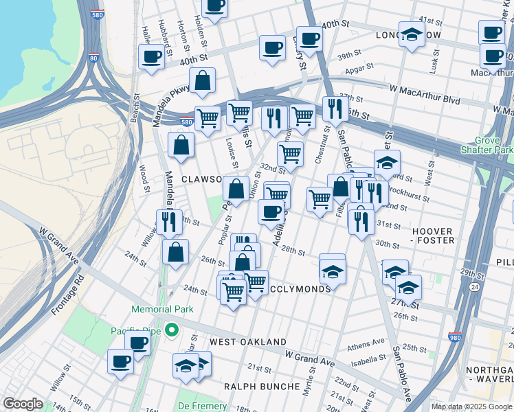 map of restaurants, bars, coffee shops, grocery stores, and more near 1223 30th Street in Oakland