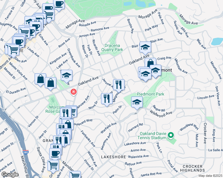 map of restaurants, bars, coffee shops, grocery stores, and more near 155 Arbor Drive in Piedmont