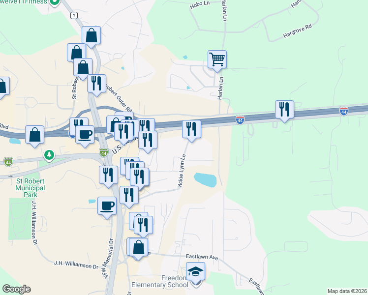 map of restaurants, bars, coffee shops, grocery stores, and more near 136 Vicky Lynn Lane in Waynesville