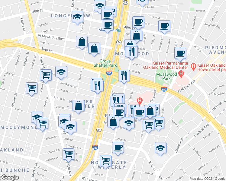 map of restaurants, bars, coffee shops, grocery stores, and more near 556 33rd St in Oakland