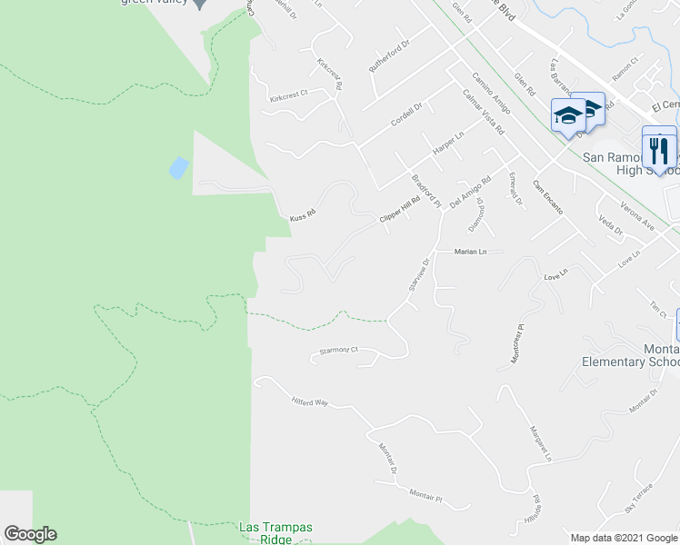 map of restaurants, bars, coffee shops, grocery stores, and more near 100 Oak View Terrace in Danville